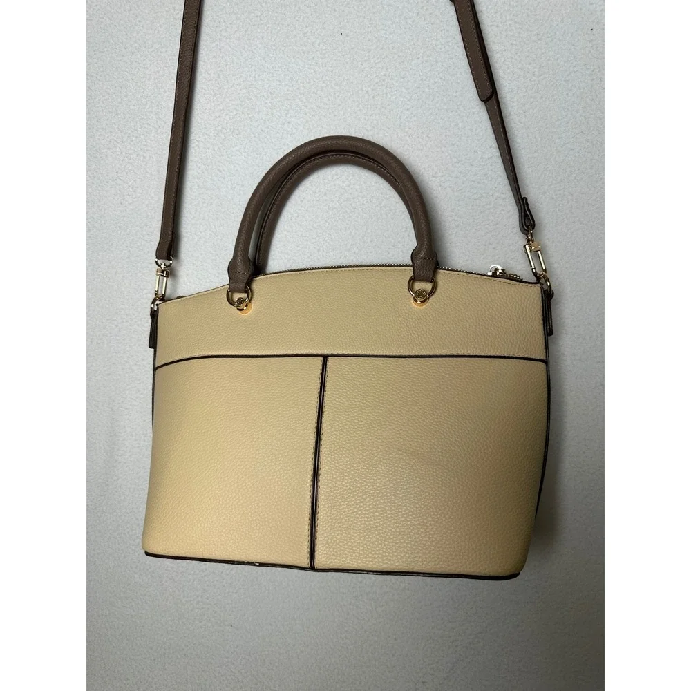 Anne Klein Two Tone Pebbled Satchel Crossbody Bag Beige Taupe Gold Tone NWOT